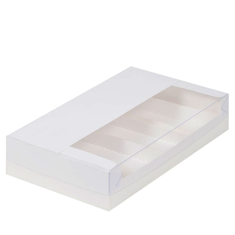 Коробка для эклеров, 250x150x50мм, с пластиковой крышкой, белая. Лавка кондитера - магазин для кондитеров и любителей сладкого творчества.
