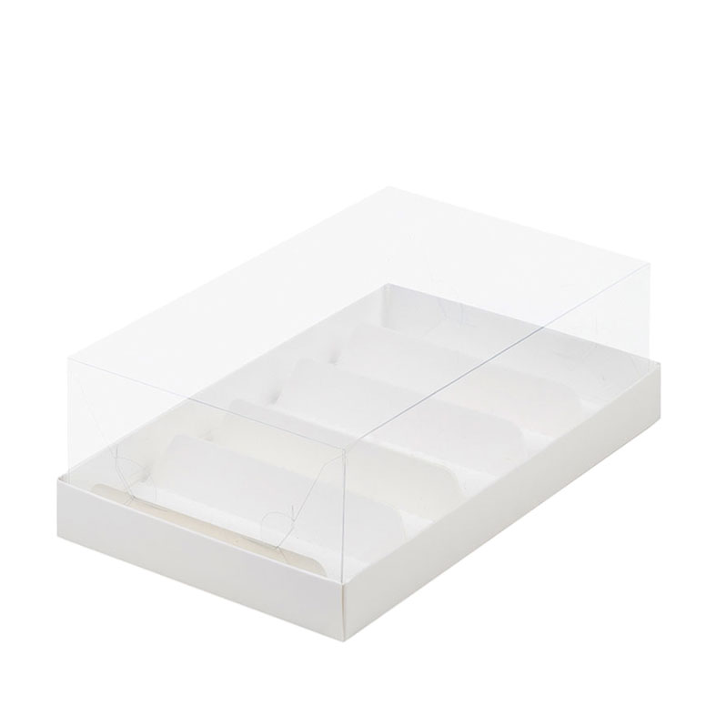 Коробка для эклеров, 220x135x70мм, с пластиковой крышкой, белая. Лавка кондитера - магазин для кондитеров и любителей сладкого творчества.