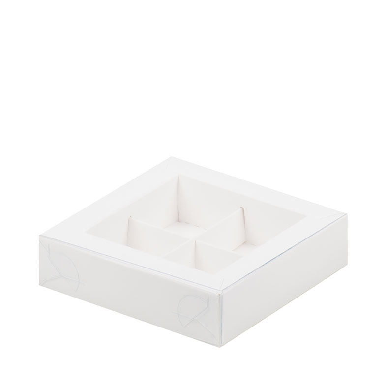Коробка для конфет с пластиковой крышкой, 4 ячейки, Белая, 115x115x30мм.. Лавка кондитера - магазин для кондитеров и любителей сладкого творчества.