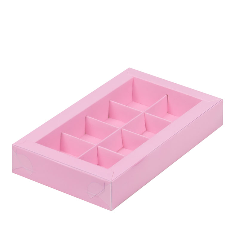 Коробка для конфет с пластиковой крышкой, 8 ячеек, Розовая, 190x110x30мм.. Лавка кондитера - магазин для кондитеров и любителей сладкого творчества.