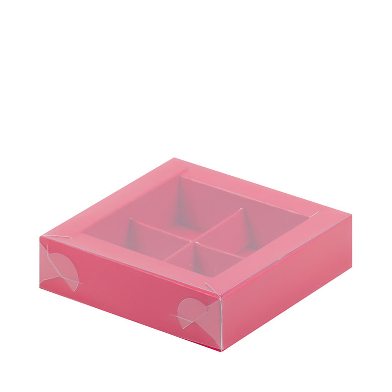 Коробка для конфет с пластиковой крышкой, 4 ячейки, Красная, 115x115x30мм.. Лавка кондитера - магазин для кондитеров и любителей сладкого творчества.