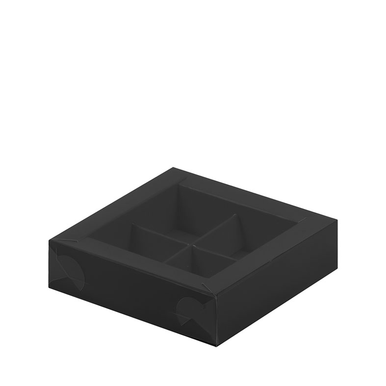 Коробка для конфет с пластиковой крышкой, 4 ячейки, Чёрная, 115x115x30мм.(упаковка 50шт.). Лавка кондитера - магазин для кондитеров и любителей сладкого творчества.