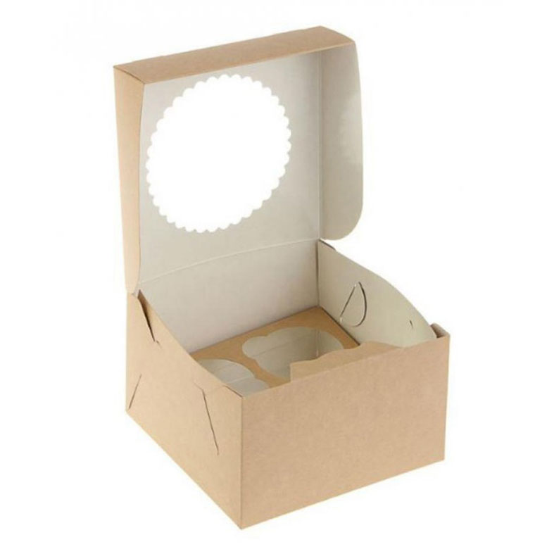 Коробка для капкейков, 4 ячейки, с окном, крафт (упаковка 50шт.). Лавка кондитера - магазин для кондитеров и любителей сладкого творчества.