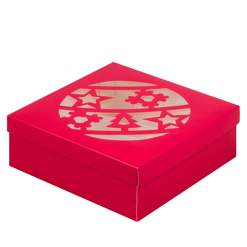 Коробка для зефира 200x200x70мм, Новогодний шар, красная. Лавка кондитера - магазин для кондитеров и любителей сладкого творчества.