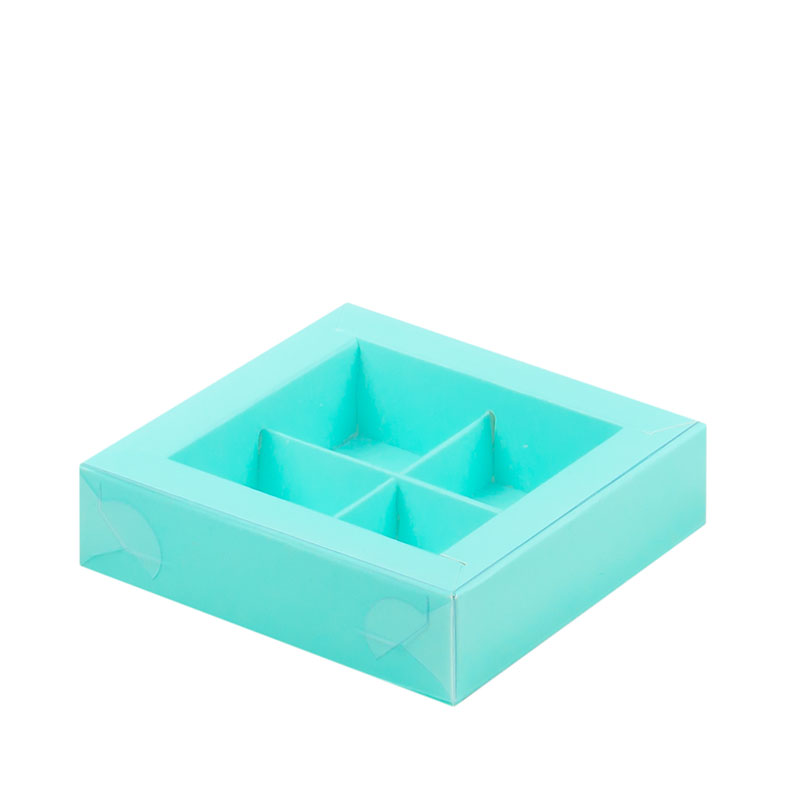 Коробка для конфет с пластиковой крышкой, 4 ячейки, Тиффани, 115x115x30мм.. Лавка кондитера - магазин для кондитеров и любителей сладкого творчества.
