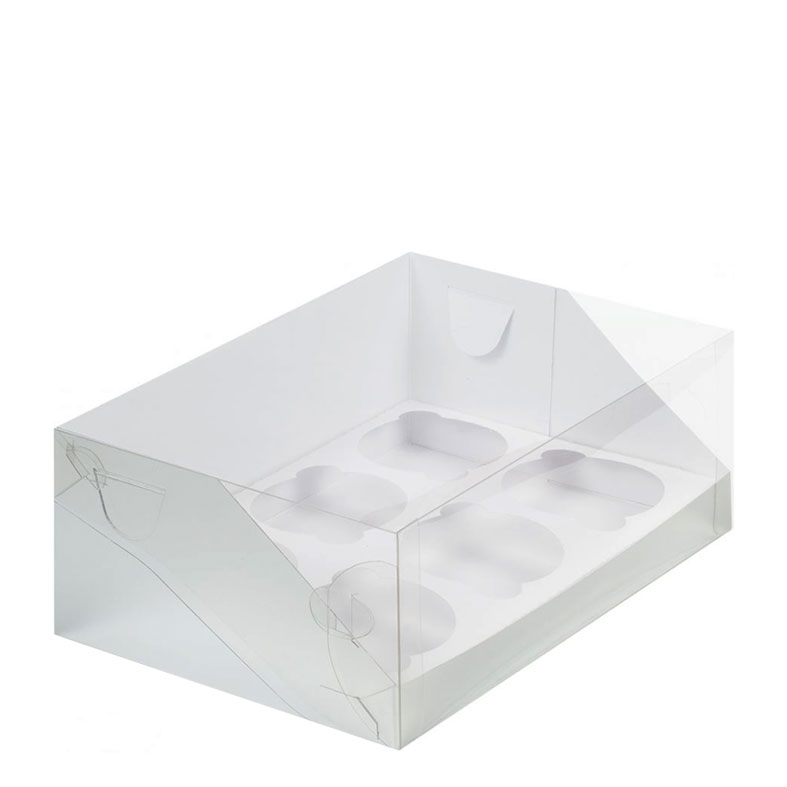 Коробка для капкейков, 6 ячеек, с пластиковой крышкой, белая (упаковка 50шт.). Лавка кондитера - магазин для кондитеров и любителей сладкого творчества.