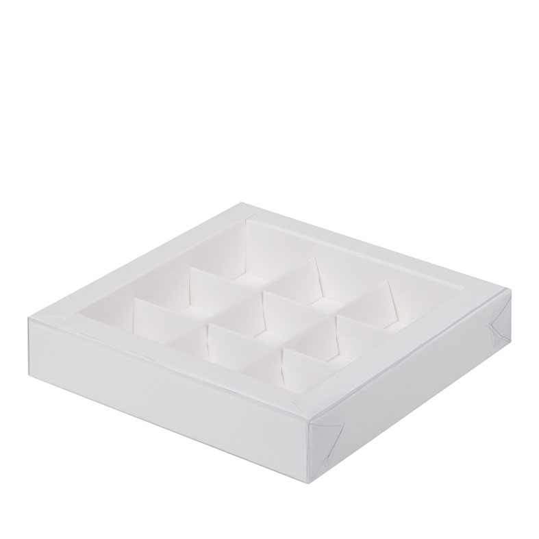 Коробка для конфет с пластиковой крышкой, 9 ячеек, Белая, 155x155x30мм.. Лавка кондитера - магазин для кондитеров и любителей сладкого творчества.