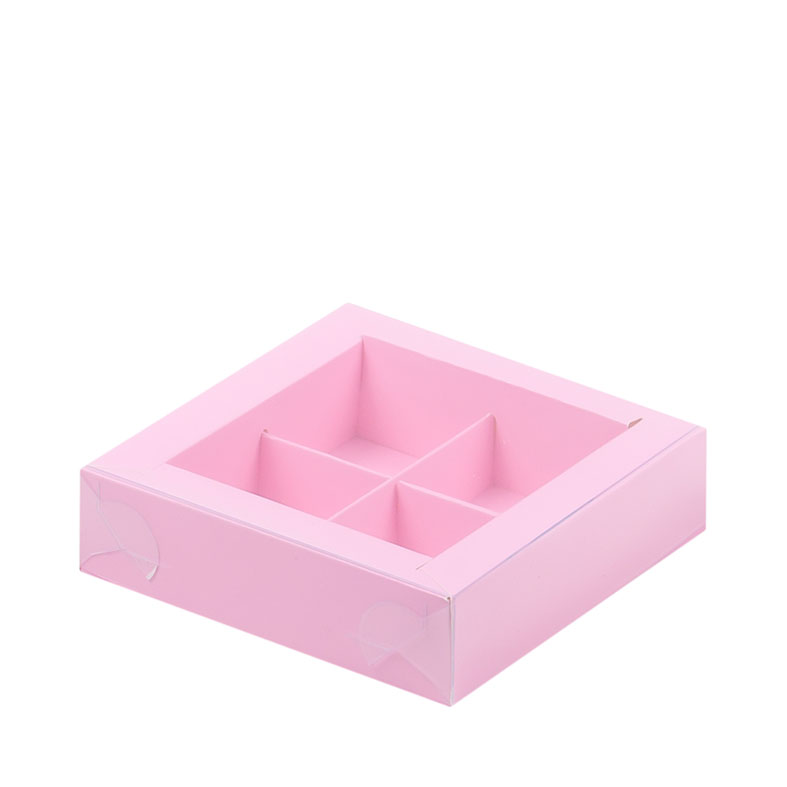 Коробка для конфет с пластиковой крышкой, 4 ячейки, Розовая, 115x115x30мм. (упаковка 50шт.). Лавка кондитера - магазин для кондитеров и любителей сладкого творчества.