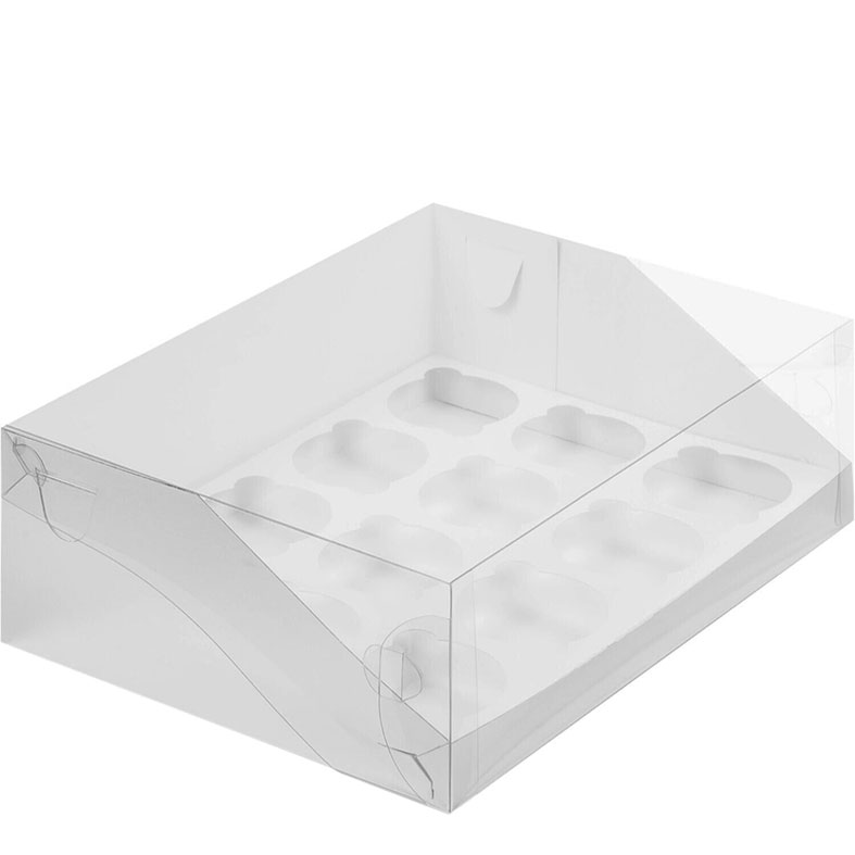 Коробка для капкейков, 12 ячеек, с пластиковой крышкой, белая (упаковка 50шт.). Лавка кондитера - магазин для кондитеров и любителей сладкого творчества.