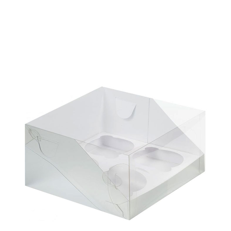 Коробка для капкейков, 4 ячейки, с пластиковой крышкой, белая (упаковка 50шт.). Лавка кондитера - магазин для кондитеров и любителей сладкого творчества.