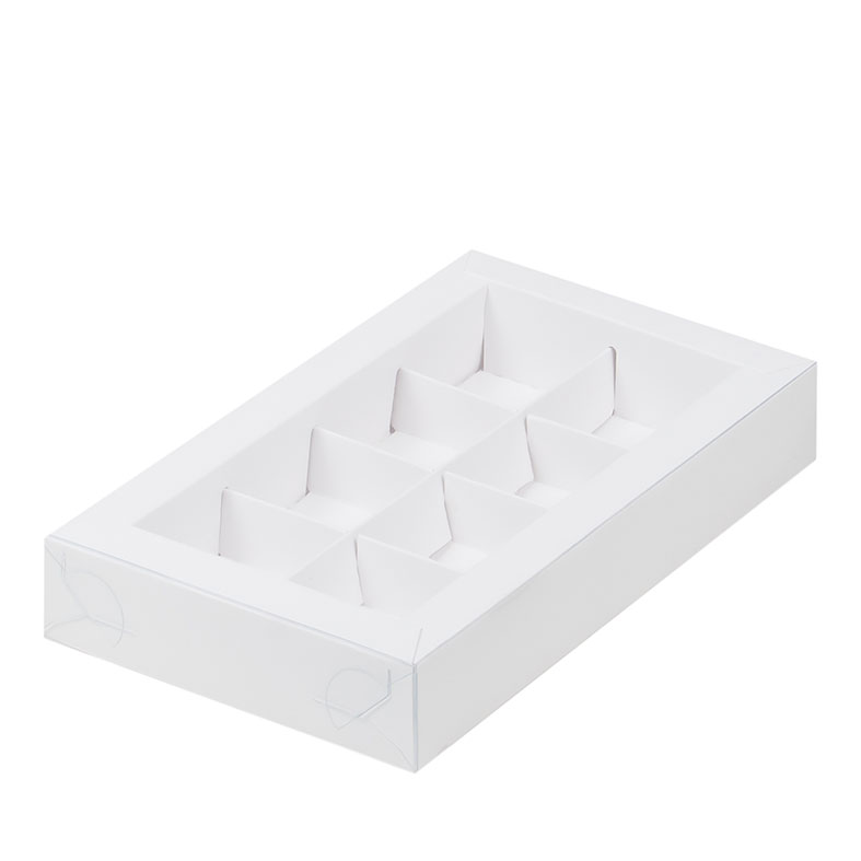 Коробка для конфет с пластиковой крышкой, 8 ячеек, Белая, 190x110x30мм.. Лавка кондитера - магазин для кондитеров и любителей сладкого творчества.