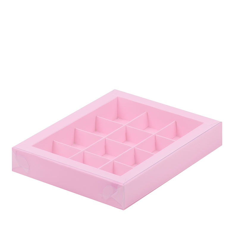 Коробка для конфет с пластиковой крышкой, 12 ячеек, Розовая, 190x150x30мм.. Лавка кондитера - магазин для кондитеров и любителей сладкого творчества.