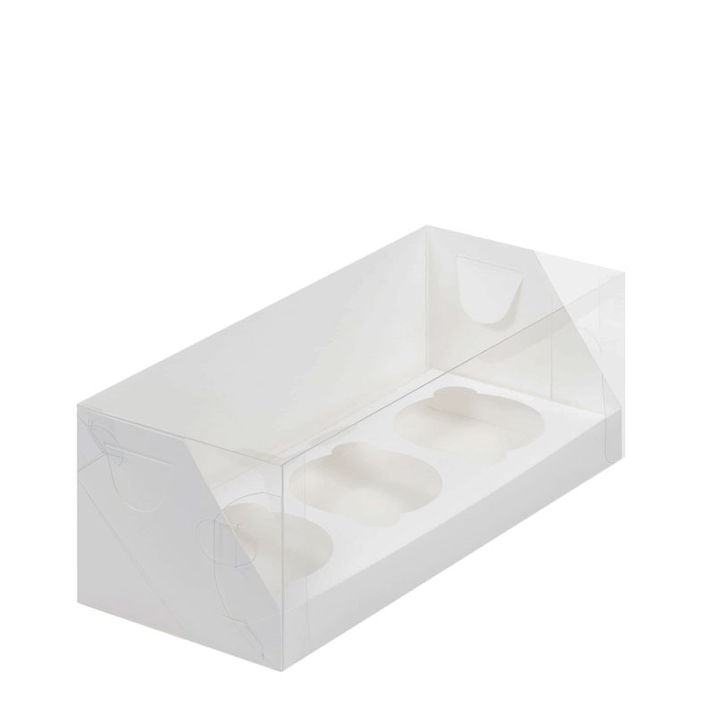 Коробка для капкейков, 3 ячейки, с пластиковой крышкой, белая (упаковка 50шт.). Лавка кондитера - магазин для кондитеров и любителей сладкого творчества.