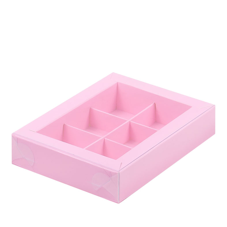 Коробка для конфет с пластиковой крышкой, 6 ячеек, Розовая, 155x115x30мм.. Лавка кондитера - магазин для кондитеров и любителей сладкого творчества.