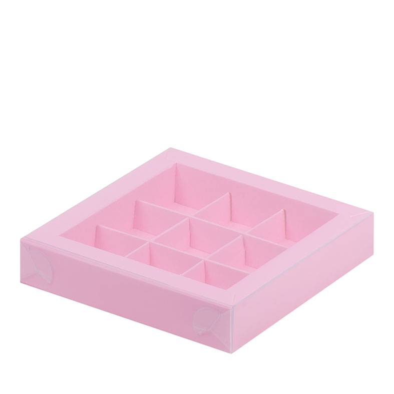 Коробка для конфет с пластиковой крышкой, 9 ячеек, Розовая, 155x155x30мм.. Лавка кондитера - магазин для кондитеров и любителей сладкого творчества.