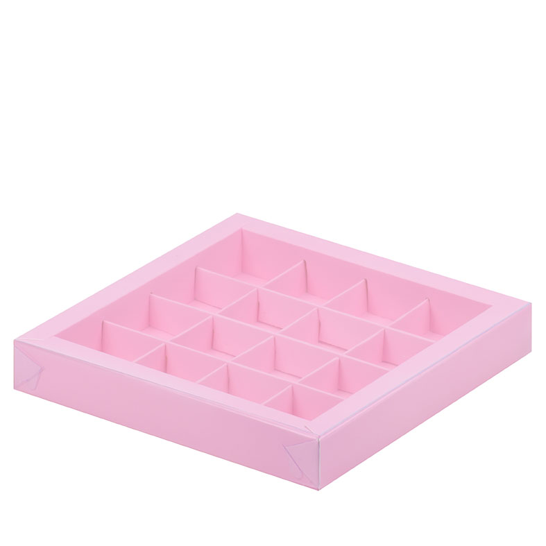 Коробка для конфет с пластиковой крышкой, 16 ячеек, Розовая, 200x200x30мм.. Лавка кондитера - магазин для кондитеров и любителей сладкого творчества.