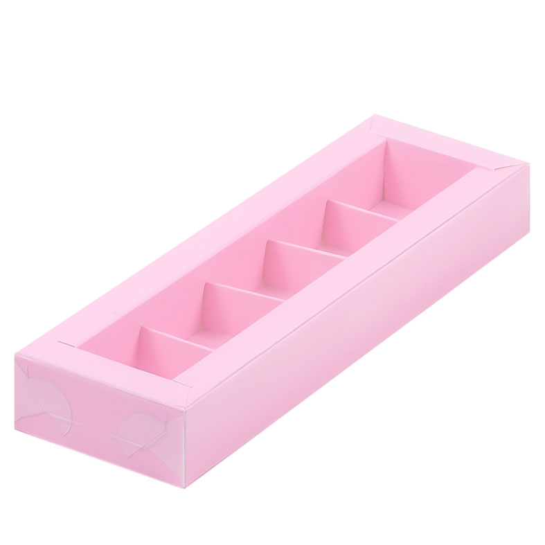 Коробка для конфет с пластиковой крышкой, 5 ячеек, Розовая, 235x70x30мм.. Лавка кондитера - магазин для кондитеров и любителей сладкого творчества.