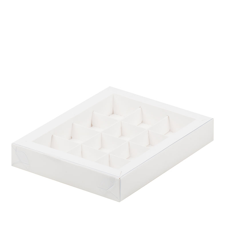 Коробка для конфет с пластиковой крышкой, 12 ячеек, Белая, 190x150x30мм.. Лавка кондитера - магазин для кондитеров и любителей сладкого творчества.