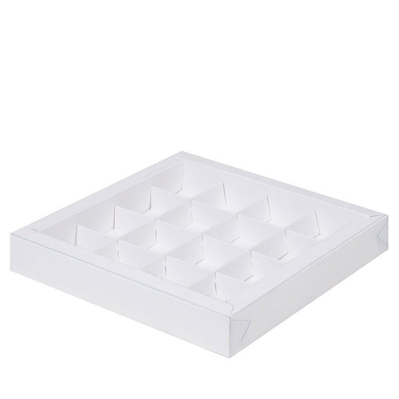Коробка для конфет с пластиковой крышкой, 16 ячеек, Белая, 200x200x30мм.. Лавка кондитера - магазин для кондитеров и любителей сладкого творчества.